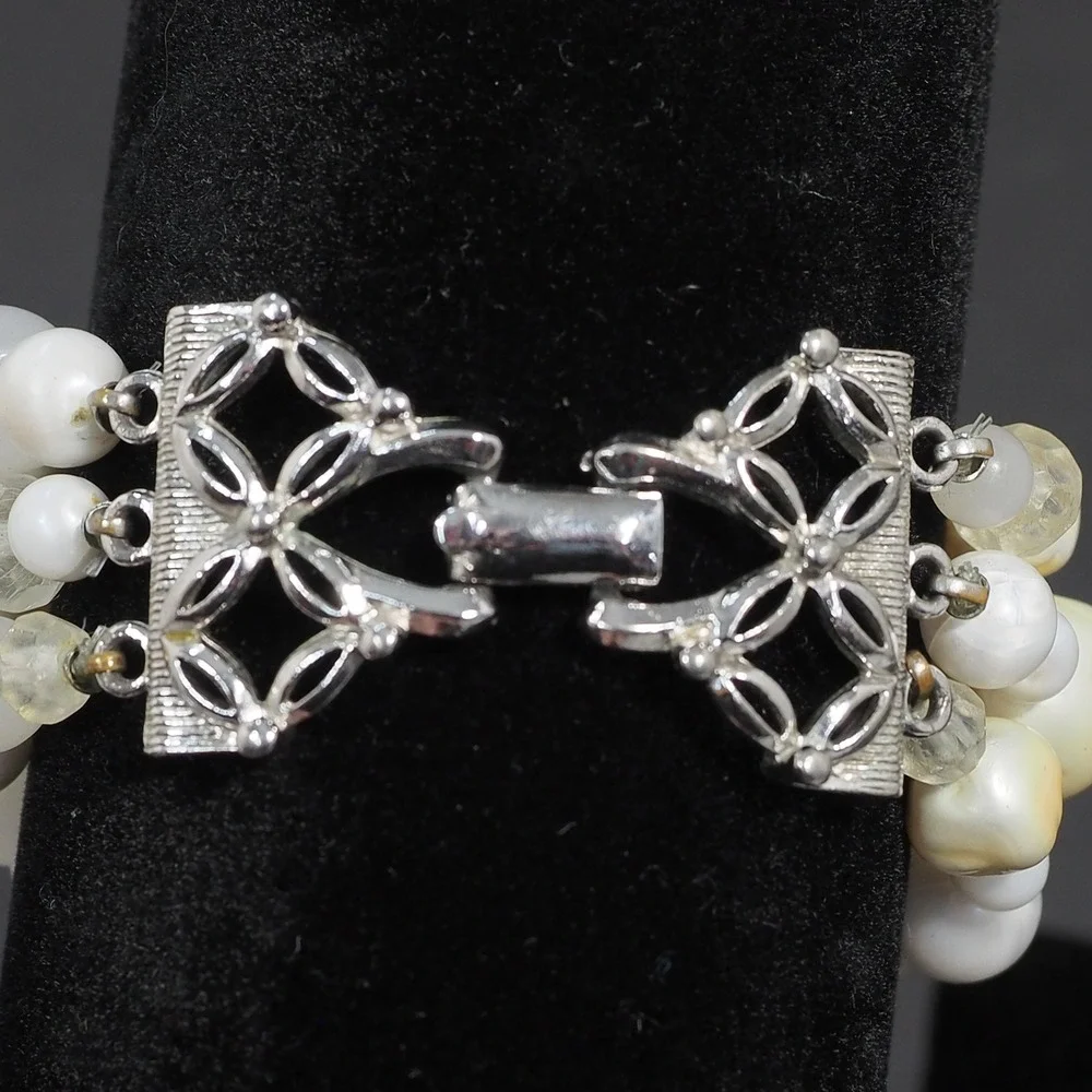Vintage Coro Triple Strand Faux Baroque Pearl Bead Bracelet Silver Tone MCM